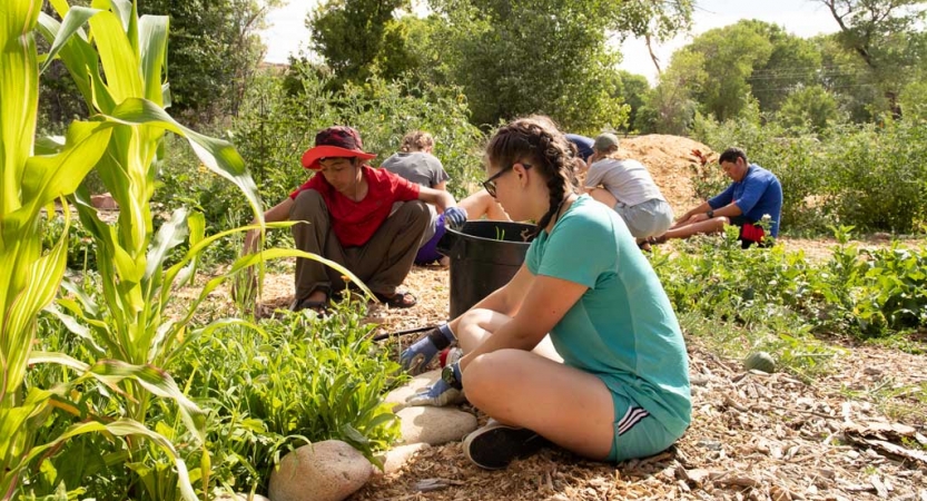 Students work in a garden during a service project with outward bound